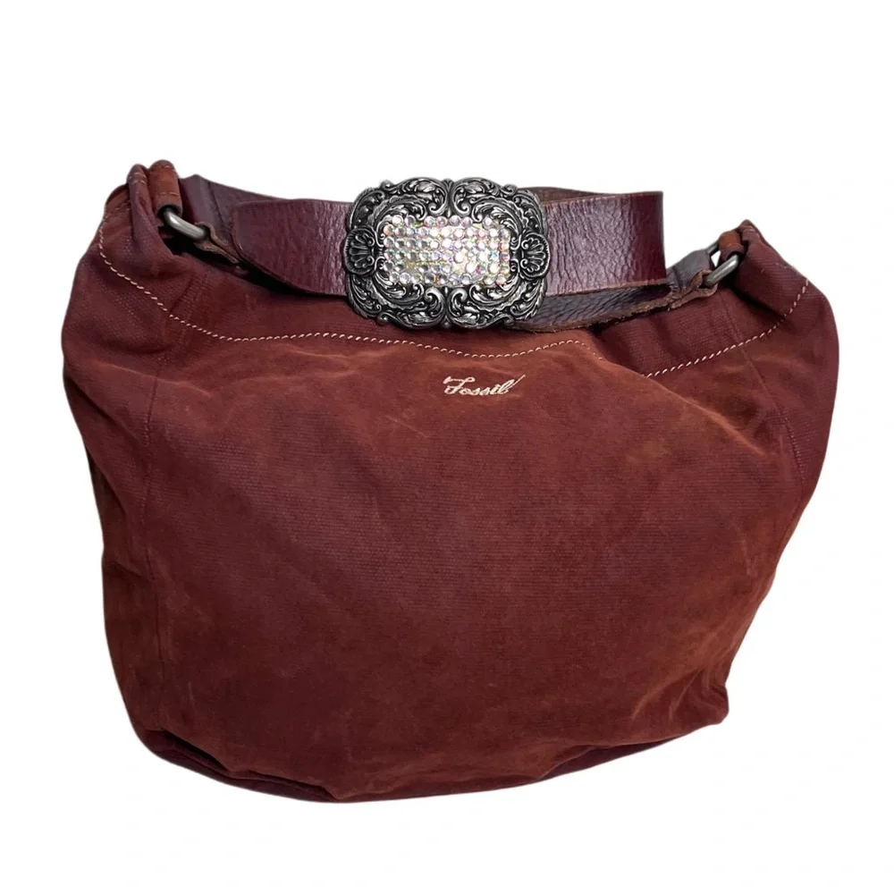 Fossil Boho Rhinestone Buckle Leather Strap Canvas Slouchy Hobo Bag